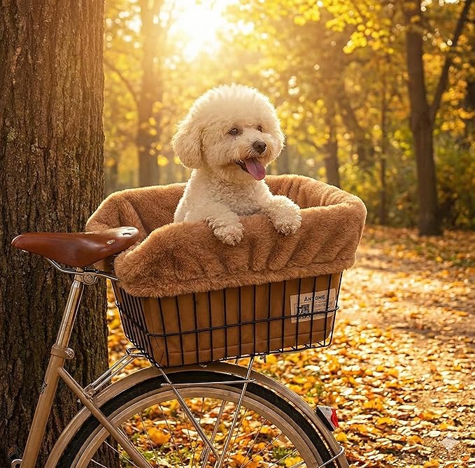 ANZOME Dog Bike Basket Liner (Liner Only), Soft Sherpa Padded Cover for Wire Bicycle Baskets, Warm Winter Pet Carrier Insert Bed with Durable Canvas & Elastic Fit (Brown)