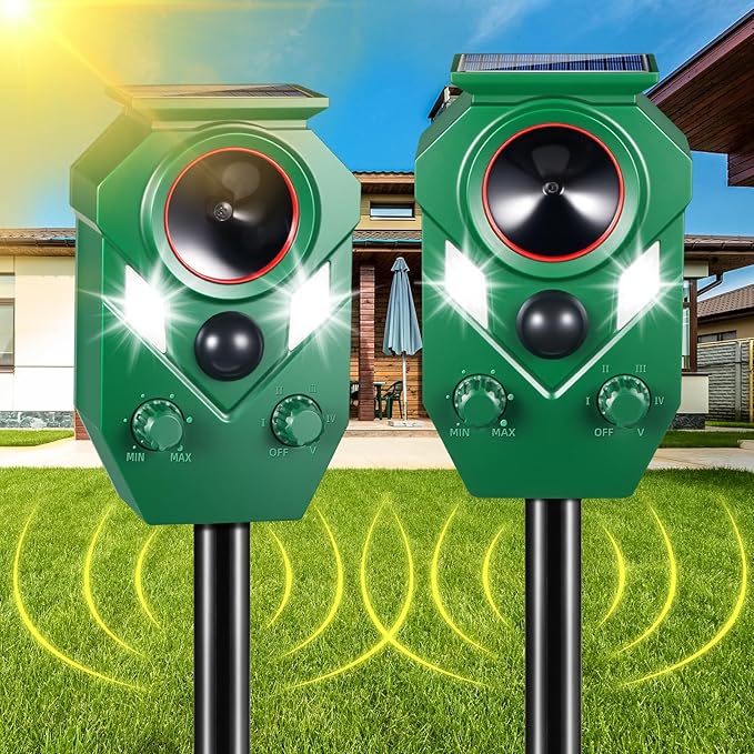 Solar Ultrasonic Animal Repeller Cat Deterrent Outdoor Squirrel Rabbit Dog Skunk Raccoon Coyote Fox Deer Predator Deterrents Repellent Device with Light & Motion Detection for Yard Farm Garden