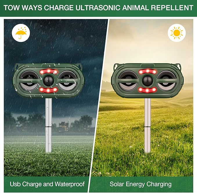 Ultrasonic Animal Repeller,Solar Pest Animal Repellent Outdoor,Cat Repellent Outdoor,Dog Repellent with Motion Sensor & Flashing Light,Deer Repellent Devices for Repelling Cat,Rabbit,Deer,Fox