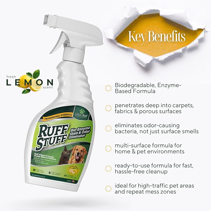 RUFF STUFF Max Strength BioEnzyme Stain Remover Spray & Pet Odor Eliminator: Fabric-Safe Dog & Cat Urine Destroyer & Enzyme Cleaner for Odor & Stain Causing Messes, Spills & Everyday Accidents, 32oz
