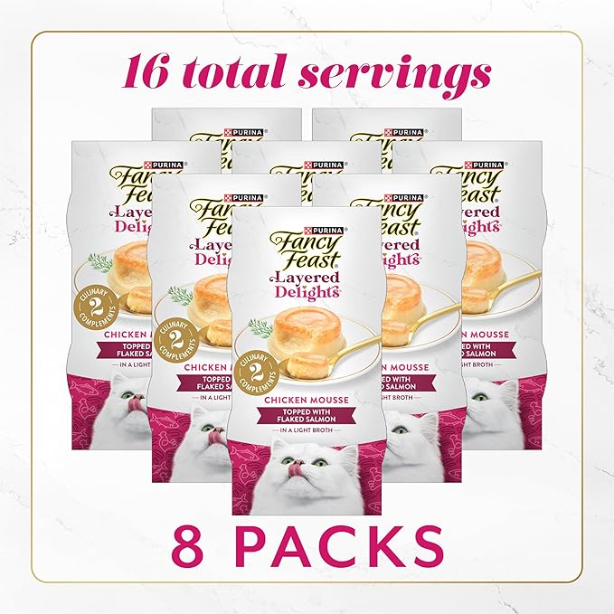 Purina Fancy Feast Layered Delights Chicken Mousse Topped with Flaked Salmon Gourmet Wet Cat Treats - 1.96 oz. (Pack of 8)