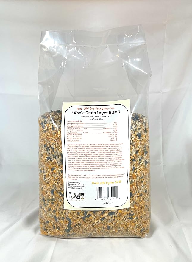 Non-GMO Soy and Corn Free Whole Grain Layer Blend 16% - Chicken Feed for Laying Hens and Ducks - Includes Essential Oils, Herbs, Oyster Shells, Vital Minerals, and Omega 3, 10 lb