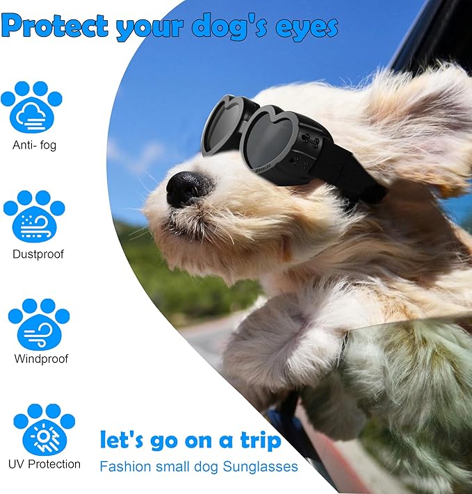 Small Breed Dog Sunglasses, UV Protection with Adjustable Strap, Heart-Shaped Goggles for Waterproof, Windproof, Anti-Fog Eye Protection, Beach Accessories (Black)