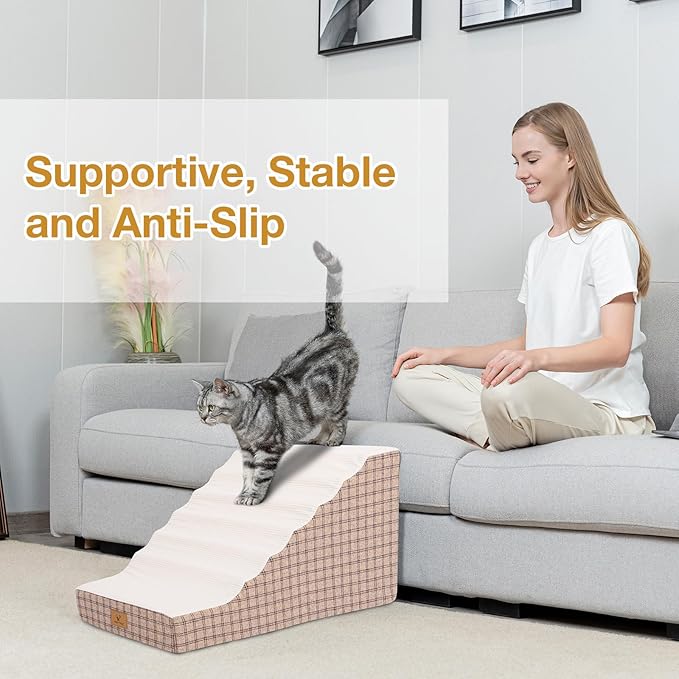 Pets Ramp for High Beds, Small Dogs & Senior Cats - Non-Slip Texture & Machine Washable Cover - Supportive Foam for Joint Comfort, Easy Climb for Couch, Sofa, Furniture (Tan)