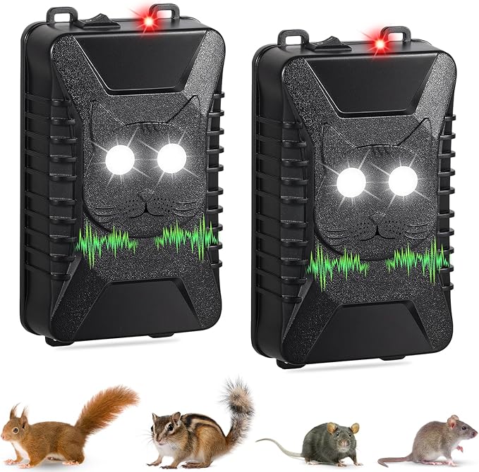 Ultrasonic Rodent Repellent for Car Engines,2 Pack Car Rodent Repeller Under Hood Mouse Deterrent with Flashing Lights,Battery Powered Rat Repellent for Car,Keep Mice Out of Indoor Garage Attic Home