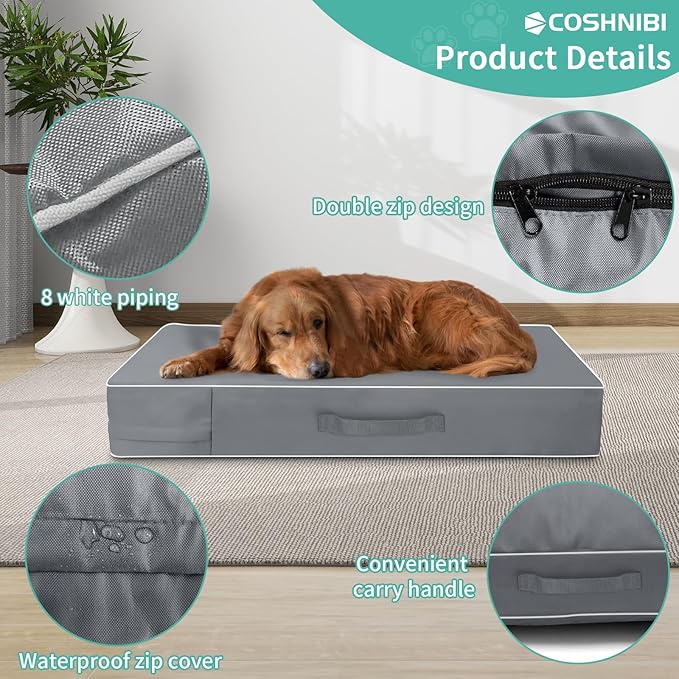 COSHNIBI Dog Bed Covers Replacement Washable,Waterproof Dog Bed Cover with Zip and Carry Handle for Dog/Cat 48''Lx36''Wx4''H-Grey