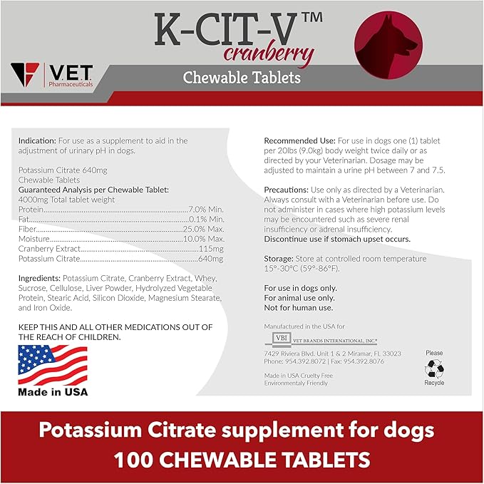 K-CIT-V Potassium Citrate Plus Cranberry Chewable Tablets, 640mg, 100ct