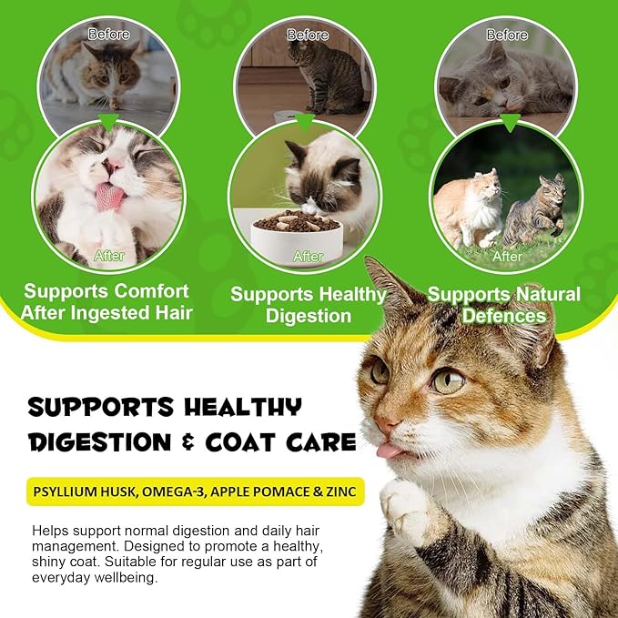 Cat Hairball Support Chews, Crunchy & Soft Chicken Flavor, Hairball Remedy Treat with Psyllium Husk & Omega-3, Supports Healthy Digestion, Skin & Coat, 30-Day Supply