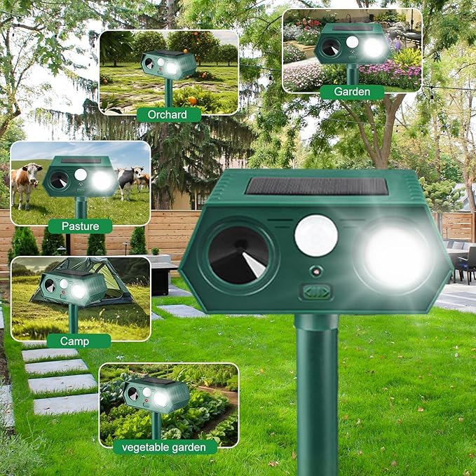 2025 Solar Animal Repellent,Upgraded Ultrasonic Cat Repellent Outdoor,Waterproof Deer Deterrent for Bird Dog Skunk,Squirrels Deterrent with Motion Detection Flash Lights for Outdoor Farm (2 Pack)