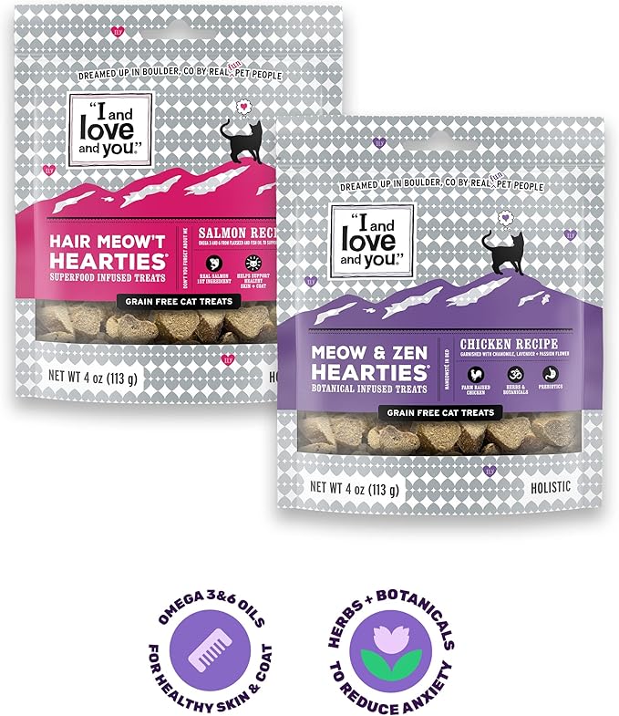 I AND LOVE AND YOU Meow & Zen Hearties Cat Treats - Chicken- Grain Free, Omega 3 & 6, Prebiotics, Filler Free, 4oz Bag (Pack of 2)