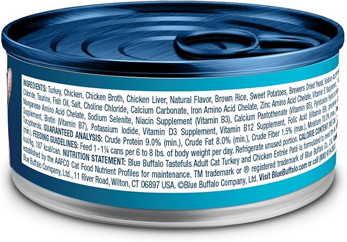 Blue Buffalo Tastefuls Wet Cat Food Paté,Made with Natural Ingredients,Turkey and Chicken Entrée,5.5-oz Cans,(Pack of 48)