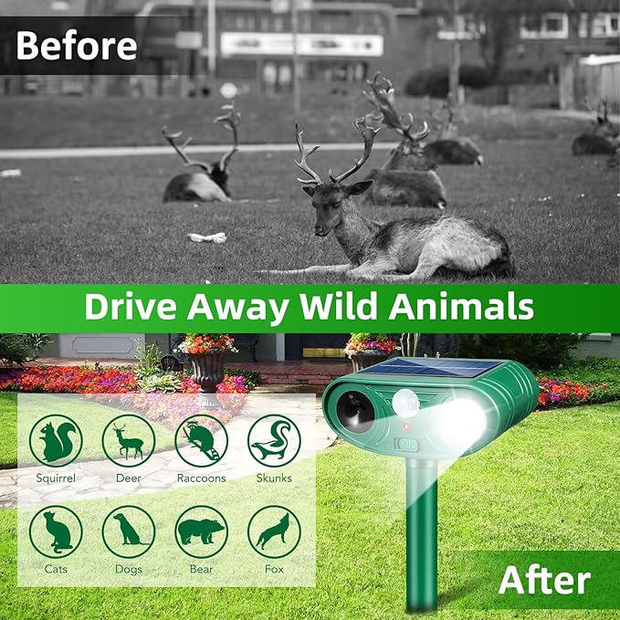 2026 Upgraded Solar Ultrasonic Animal Repeller Outdoor with Motion Sensor & LED Strobe Cat Repellent Outdoor Effective Dog, Deer, Raccoon, Squirrel Deterrent for Yard, Lawn, Garden 4 Pack