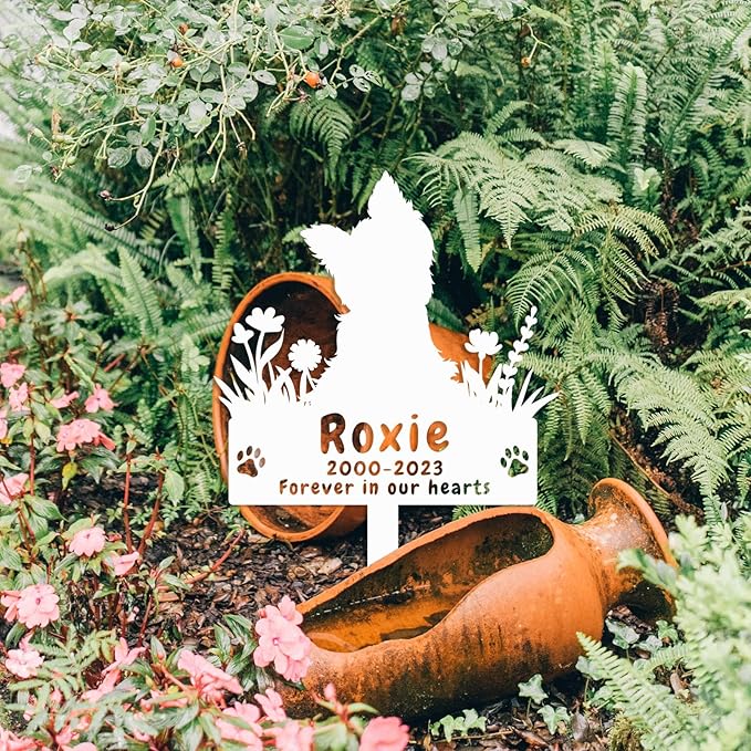 Personalized Yorkshire Terrier Dog Memorial Stake Grave Marker, Custom Dog Yorkshire Terrier Memorial Grave Marker Garden Stake, Metal Flowers Dog Memorial Yard Garden Sign with Stake