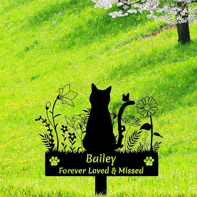 Custom Cat Name Memorial Grave Stake Marker, Personalized Floral Cat Memorial Grave Marker, Customized Flowers Butterfly Cat Memorial Stake Outdoor Metal Grave Plaque Cat Memorial Statue
