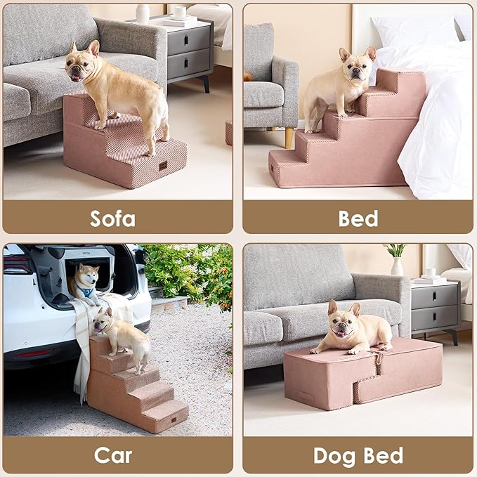 EHEYCIGA Dog Stairs for High Bed 22.5" H, 5-Step Dog Steps for Bed, Pet Steps for Small Dogs and Cats, Non-Slip Balanced Pet Ramp Indoor, Pink