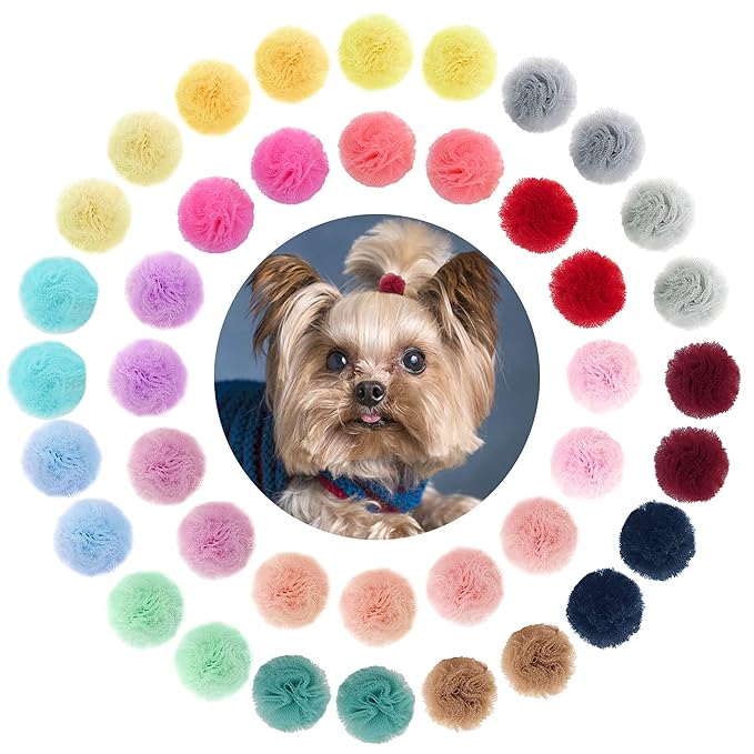 Qearl 48 Pcs Colored Ball Bows with Rubber Bands - Pet Hair Accessories for Dog, Puppy, and Cat Grooming