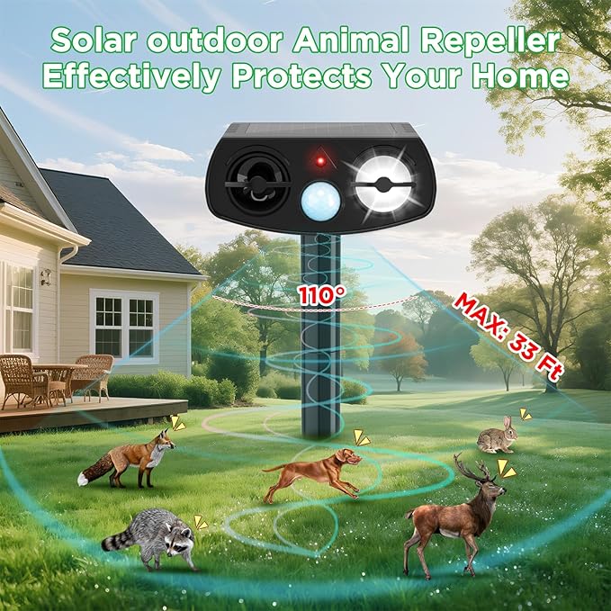 Solar Powered Animal Repeller, Ultrasonic Pest Deterrent with LED Strobe Light, Green, Motion Sensor, 14.8 Inch Stake, for Yard Garden 2 Packs