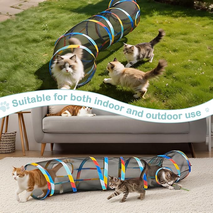 Glittme 48" Mesh Cat Tunnel for Indoor Cats Breathable Pet Play Tunnel with Bonus Mouse Teaser Collapsible Kitten Tube Rainbow Trim 9.8" Dia See-Through Hiding Spot for Large Cats & Rabbits