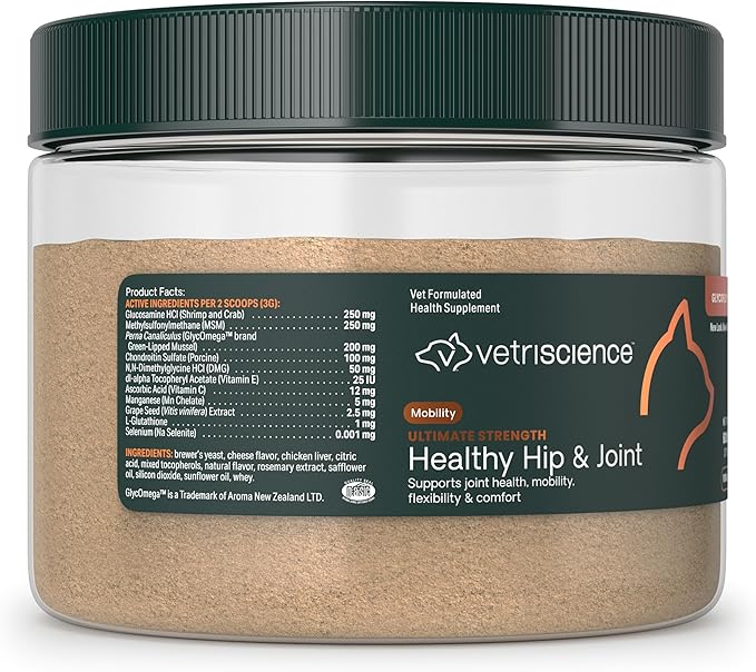 VetriScience Ultimate Strength Healthy Hip & Joint Powder, Glucosamine, Chondroitin and Green Lipped Mussels for Cats, Soothe Joint Discomfort, Cheese & Chicken, 60 Scoops