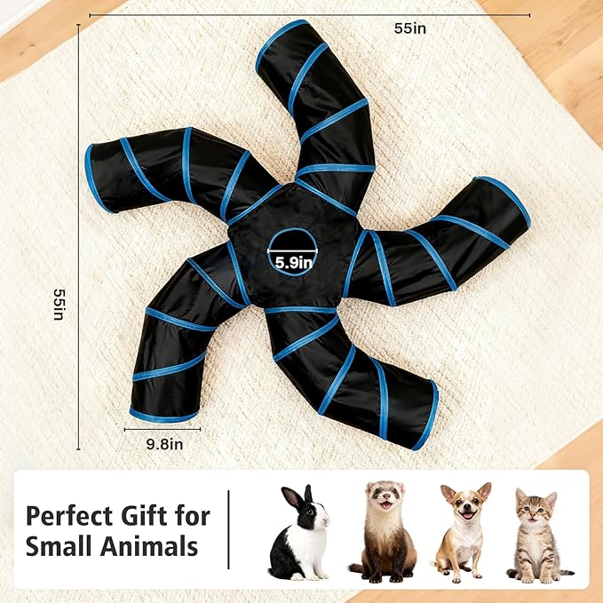 Joytale 5-Way Cat Tunnels for Indoor Cats, Pet Tube Toy with Bell Ball and Toy Mouse, S-Shape Collapsible Tunnel with Interactive Hole for Kitty, Kitten, Rabbit, Puppy (Blue&Black)