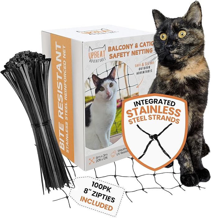 Steel Reinforced Cat Netting for Balcony - 10ft x 20ft - Cat Net for Catio – Safety Netting for Pets - Animal Proof Screen - Strong Pet Net – Kitten Balcony Protection - Barrier for Animals Fence