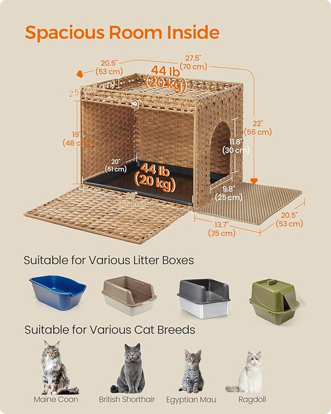 Feandrea Cat Litter Box Enclosure, Handwoven Rattan Hidden Litter Box Furniture with Extra Litter Mat, Removable Washable Tray, Boho Cat House, End Table, Goose Yellow UPCL014K01