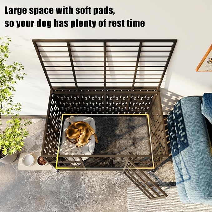 LEMBERI 48 inch Indestructible Heavy Duty Dog Crate with Cushion, High Anxiety Extra Large Dog Cage for Large Dogs, XL Steel Escape Proof Dog Kennel with Locking Wheels