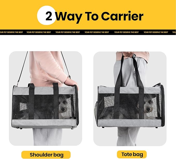 Dog Carrier Soft Sided, Large Cat Carrier with Inner Safety Leash, Pet Transport Carrier for Large Cats and Medium Dogs up to 20 Lbs, Collapsible Travel Puppy Carrier Bag -Gray L
