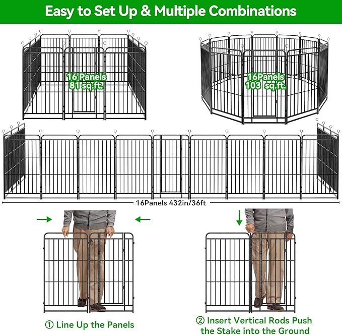 Heavy Duty Dog Playpen: 16 Steel Panels 40" Height, Square Steel Pipe with Reinforced Crossbars, 36FT 103 Sq.ft Portable Fence for Yard RV Camping, Snowy Black