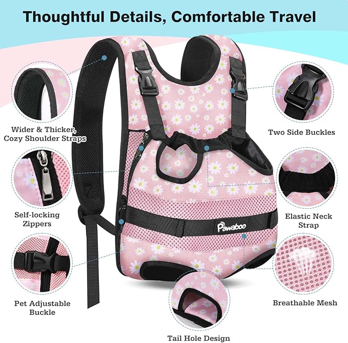 Pawaboo Pet Dog Front Carrier Backpacks, Legs Out Pet Carrier Backpack, Adjustable Easy-fit Dog Chest Carriers for Small Medium Dogs Hands Free for Travel Hiking Cycling Camping, L, Pink Daisy