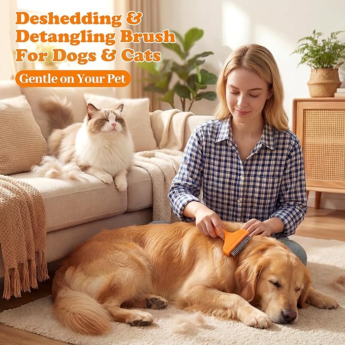 Dog Deshedding Brush & Dematting Comb for Cats - Removes Mats, Tangles & Loose Hair Painlessly, Professional Undercoat Rake for Long Haired Pets(Orange)