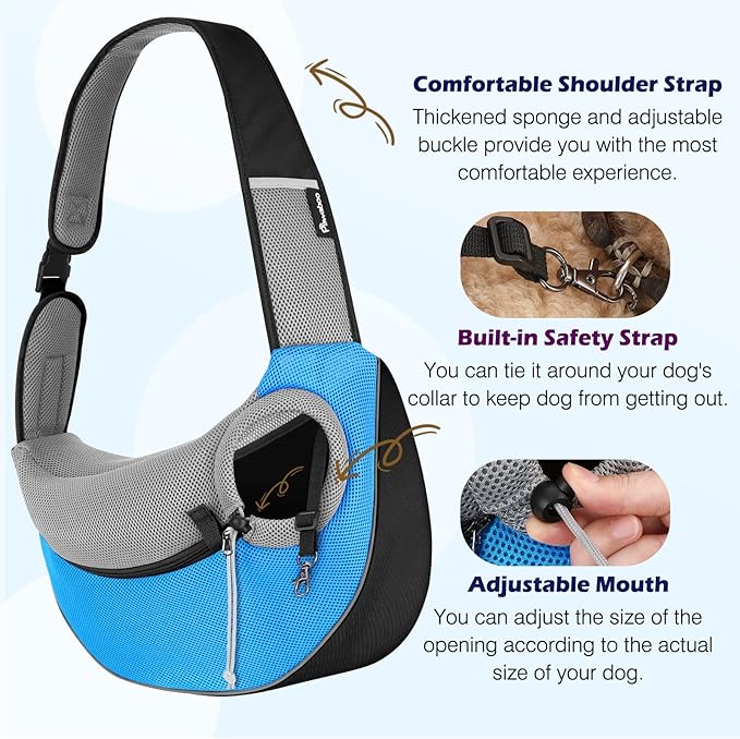 Pawaboo Pet Dog Sling Carrier, Hand Free Drawstring Dog Papoose with Adjustable Strap, Breathable Mesh Bag for Puppy Cat, Crossbody Satchel Dogs Purse with Pocket for Outdoor Travel, Light Blue, Small