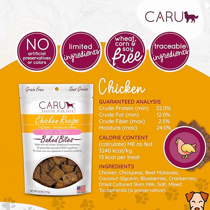 Caru - Soft n’ Tasty Baked Bites - Chicken Bites Dog Treats - Flavorful Training Treats - 4 oz Bags - Pack of 3