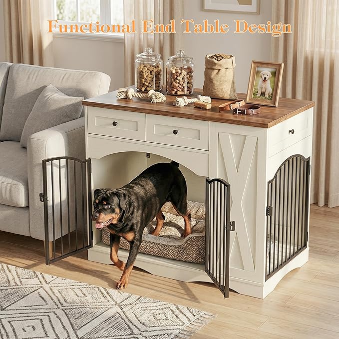 43.3" Furniture Style Dog Crate with 3 Storage Drawers, Heavy Duty Wood Pet Kennel with Removable Feeder, Modern End Table Dog House with Dual Doors for Large Dogs (41-70 lbs) (Brown)