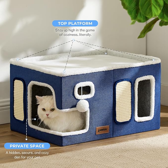 Extra-Wide Cat House for Indoor Cats - Large Cat House for Pet with Fluffy Ball Hanging and Scratch Pad, Foldable Cat Hideaway for Multi Cats, 23x16.5x13 inches, Green