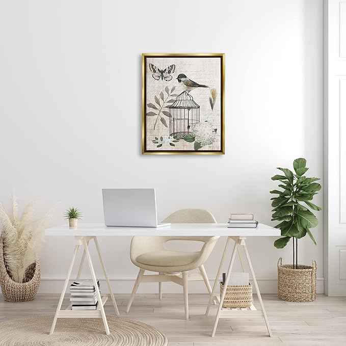 Stupell Industries Botanical Bird Cage Vintage Words Butterfly Motif Floating Framed Wall Art, Design By Nan
