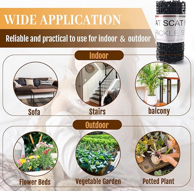 10ft Cat Scat Mat with Spikes Outdoor, Scat Mats for Dogs, Includes 8 Garden Staples