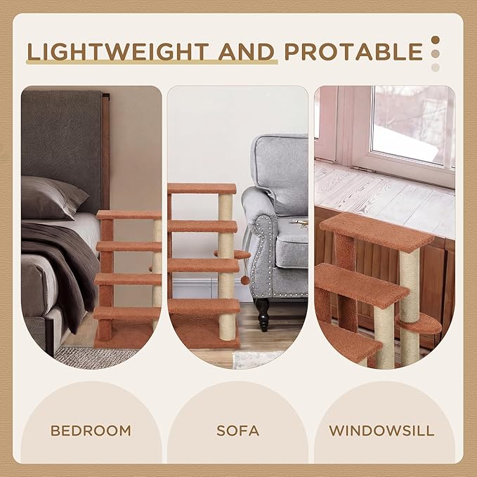 PawHut 4 Levels Cat Steps, Pet Stairs Carpeted Ladder, Kitten Tree Climber with Scratching Posts, Hanging Play Ball, Side Step, for High Bed, Sofa, Brown