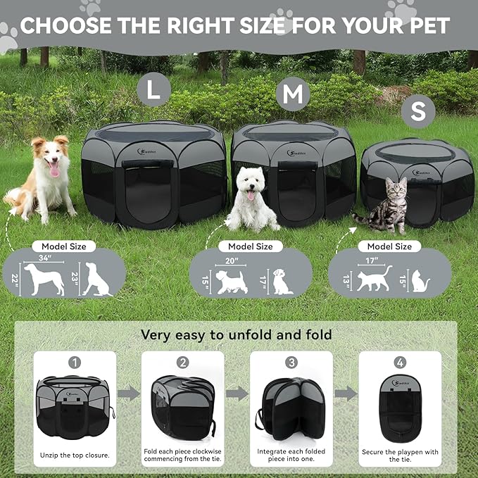 Dark Grey Dog Cat Playpen, Puppy Pet Playpen, Small Dogs Tent Crates Cage Indoor/Outdoor, Portable Pop Up Dog Kennel Playpen with Carrying Case for Dogs/Cats/Rabbits