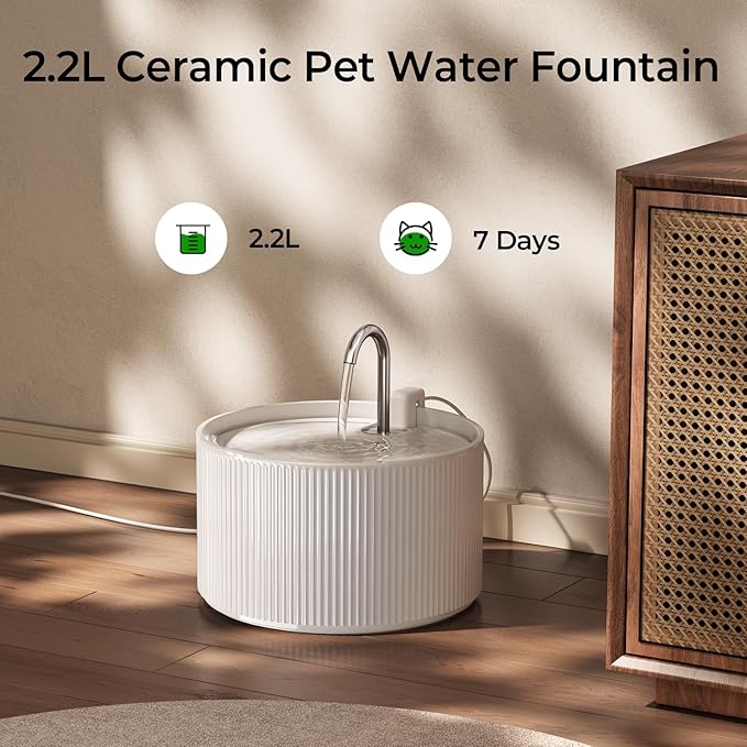 Ceramic Cat Water Fountain, 2.2L/74oz Ceramic Cat Fountains for Drinking Indoor with 3 Replacement Filters and 3 Sponges, Automatic Pet Water Dispenser with Ultra-Quiet Pump