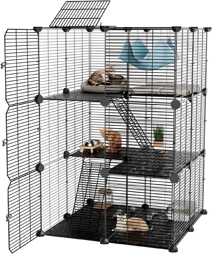 Large Cat Cage Indoor: Enclosed Cat Enclosure DIY Pet Playpen Detachable Metal Wire Kennel Sturdy Crate with Hammock for Cats Kitten