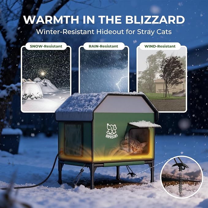 Apasiri Heated Outdoor Cat House for Winter: Insulated with Heating Pad, Indestructible Weatherproof Winter Shelter, Elevated Support to Keep Interior Dry for Stray Cats, Medium