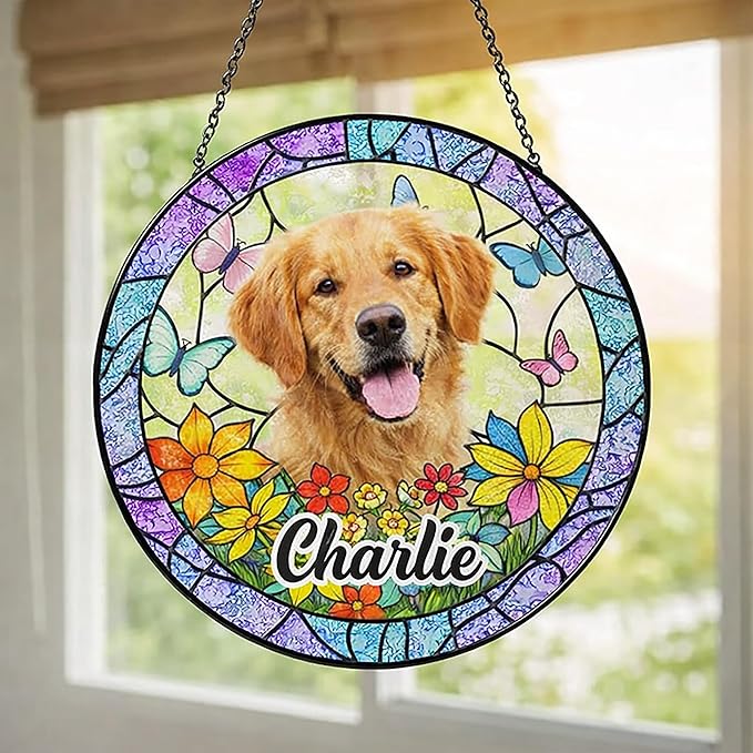 Lovely POD Custom Dog Portrait Stained Glass Suncatcher, Pet Memorial Stained Glass Photo Suncatcher, Dog Memorial Gift, Cat Loss, Pet Loss Gift, Christmas Ornament for Family