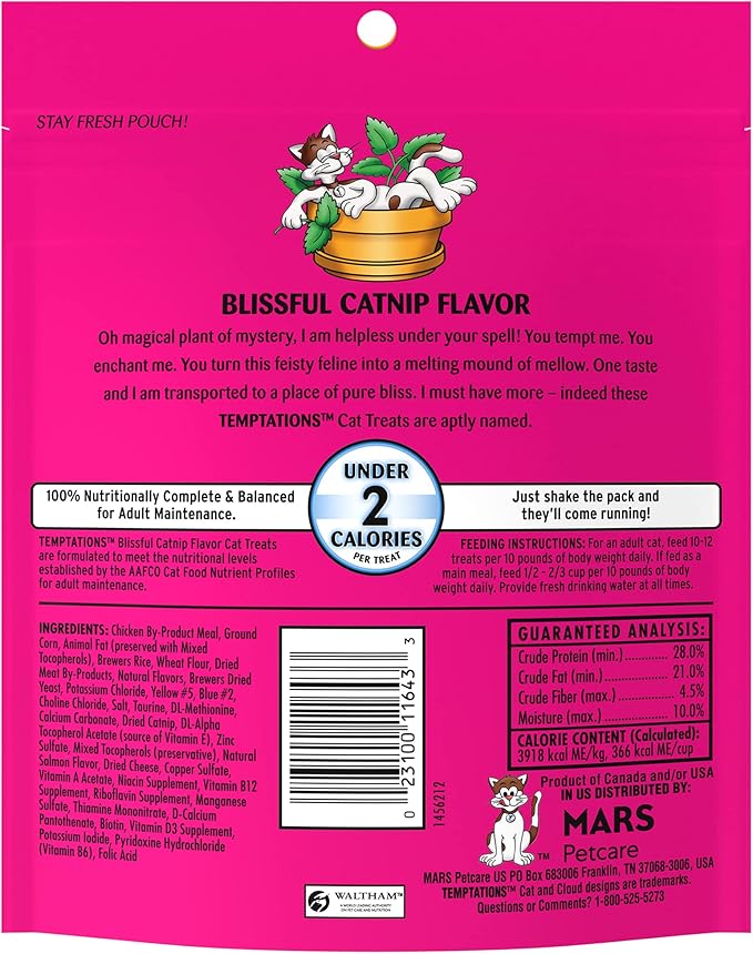 Temptations Cat Treats, Classic Crunchy and Soft Cat Treats, Blissful Catnip Flavor, Catnip Treats, 6.3 oz. Pouch (Pack of 10)