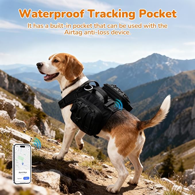 Large Dog Harness Backpack, No Pull Adjustable Dog Vest with Handle & Leash Ring, Lightweight Dog Backpack with Side Pockets for Walking, Training & Day Hikes, Black, L