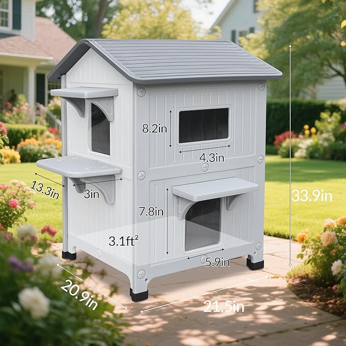 Weatherproof Outdoor Cat House for Feral Multi Cat, 2 Storey Insulated Elevated Plastic Cat Shelter with Escape Door, Easy Assemble, Expansive Interior‌ White 34" D x 21" W x 21.5" H