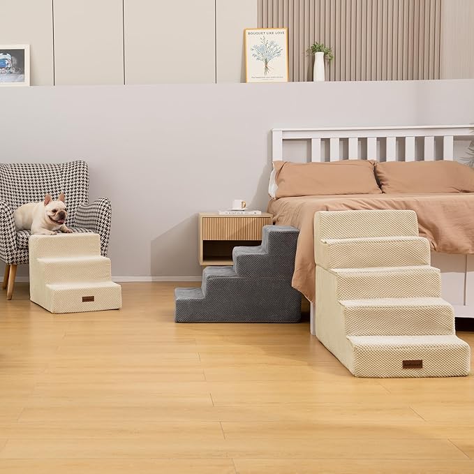 Dog Stairs for Small Dogs, 3-Step Non-Slip Pet Stairs for Couch Sofa and Chair, Dog Bed Stairs for Puppy, Older Cat,Grey,13.6" H