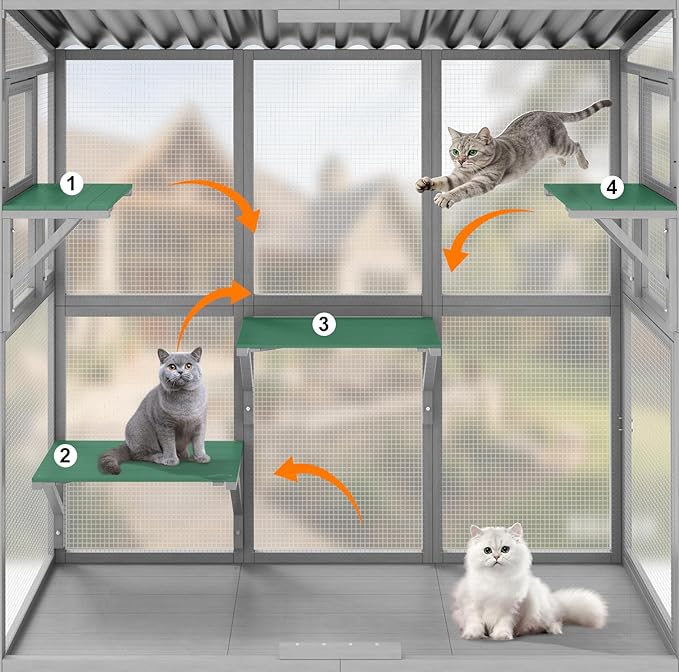 Window Box Enclosure, All-Weather Cat Catio for Multiple Indoor Cats, Wooden Window Catio with 4 Platforms & 3 Doors, Expandable Pet Perch House for Sunbathing