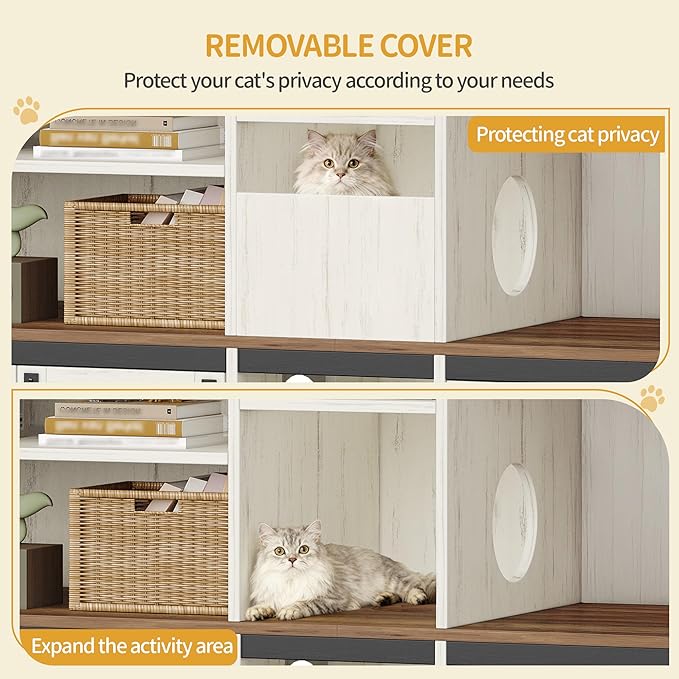 Double Cat Litter Box Enclosure for 2 Cats, Cat Cabinet with Large Storage Space, Hidden Litter Box with Scratch Pad, Farmhouse Cats House, TV Stand End Table, Rustic Brown and White CB97014X
