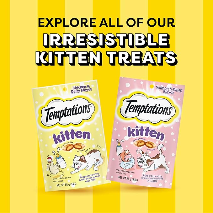 Temptations Kitten Treats Classic Crunchy and Soft Cat Treats, Chicken and Dairy Flavor, 3 oz. Pouch (Pack of 12)
